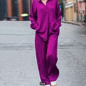 Vibrant Purple Satin Shirt and Pants Set